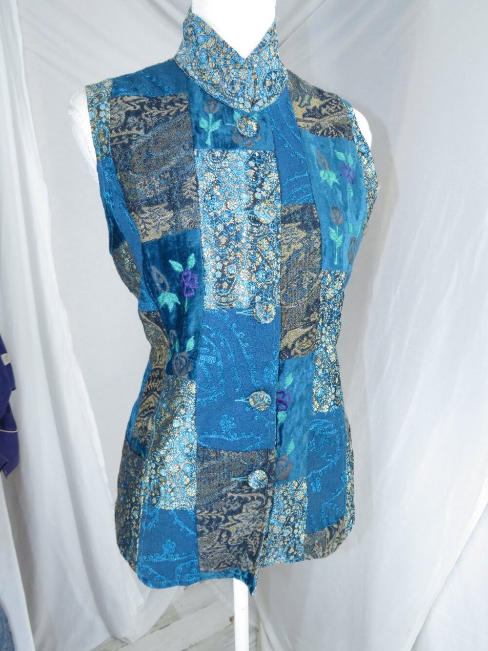 Vintage 90s TravelSmith Patchwork Brocade Tapestry Vest | Teal Blue Gold Floral
